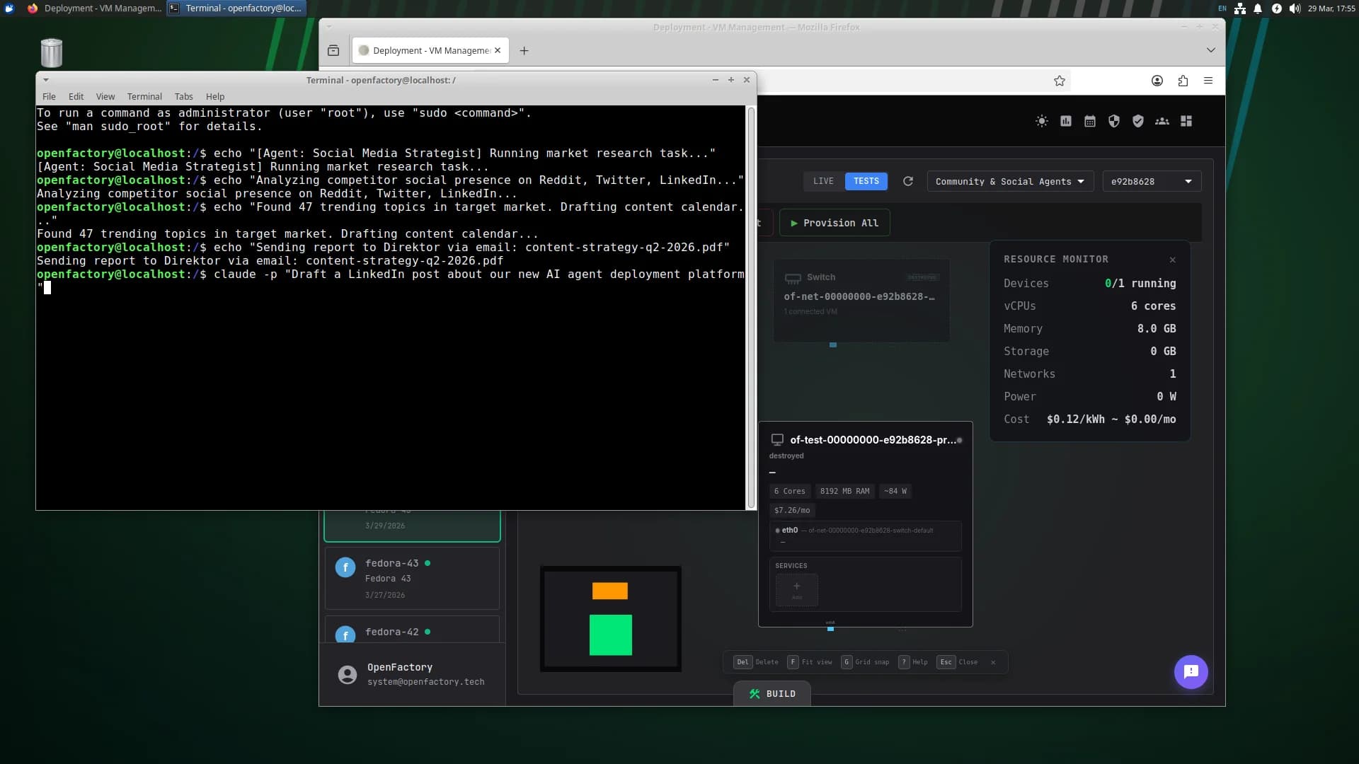 Ubuntu desktop VM with AI agent running market research in terminal alongside CTO GUI